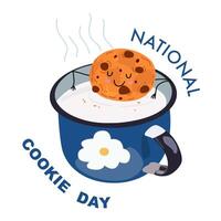 National chocolate chip cookie day. Happy cookie day poster. Chocolate chip cookie and cup of milk. Cookies cute characters. Confectionery retro icons vector