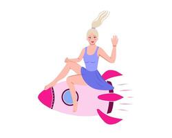 Woman flying on rocket, entrepreneur, business, startup concept. Motivation, development and success launch. Explore new way to growth. Illustration for printing, backgrounds and packaging. vector