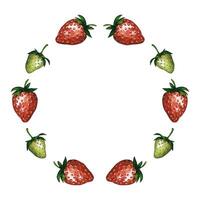 Strawberry wreath, round frame with red and green berries, hand drawn watercolor illustration. Ideal template for logo, banner, greeting card, invitation or menu design. vector
