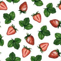 Seamless pattern with fresh and juicy strawberries and green leaves isolated on white background, hand drawn watercolor illustration. Ideal for background, fabric and textile, postcard, packaging. vector
