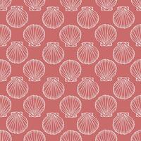 Underwater seamless pattern with seashell line art illustration in white color on pink background. Scallop sketch, seashell line drawing. Summer beach ocean print for background, textile, fabric vector
