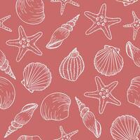 Underwater seamless pattern with seashell line art illustrations in white color on pink background. Scallop sketch, seashell line drawing. Summer ocean beach print for background, textile, fabric vector