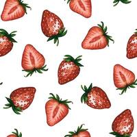 Seamless pattern with fresh and juicy strawberries and strawberry halves isolated on white background, hand drawn watercolor illustration. Ideal for background, fabric and textile, postcard, packaging vector