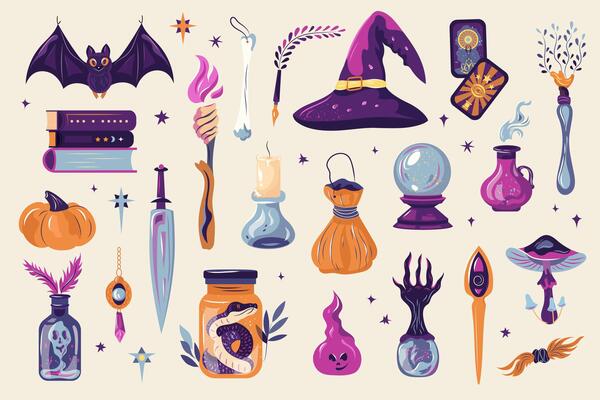 Witchcraft symbols. Happy Halloween day magic elements snake, crystal, bat, knife, taro, books. Set of mystical elements for design. Adorable festival elements for decoration, prints, stickers