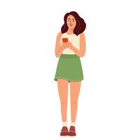 Young woman using mobile phone. Student chatting with smartphone in hand. Girl strolling and surfing internet. Cellphone user. Flat illustration isolated on white vector