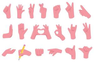 Set hands poses illustrations. Hands gesture collection, arms pressed position. Fingers signal, diverse manual poses of language decent. Communication or talking with emoji for messengers vector