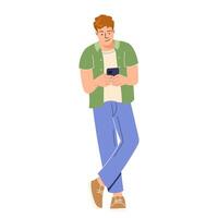 Student using mobile phone. Guy holding smartphone and looking at screen, typing, chatting, surfing internet Flat illustration man with cellphone isolated white background vector