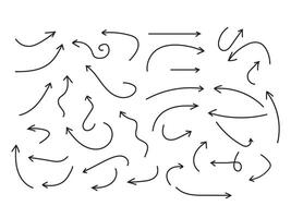Hand-Drawn Pen Arrows Set, Black , Many curvy and wavy arrows isolated on white background. Hand drawn thin line arrows set. vector
