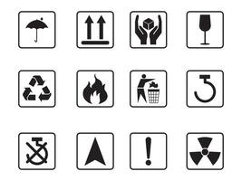 Common packaging and warning symbol set. Black and white flat style icons with frame and outline. Fragile, recycle, Handle with care, This side up, Indoor use only, falling snow vector