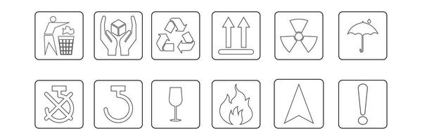 Common packaging warning symbol outline set. flat line style icons with frame, recycle, Handle with care collection of goods such as fragile cargo logo apps website vector
