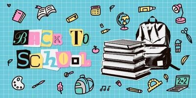 Back to school trendy halftone collage banner template with doodles on a checkered paper background. Books pile, backpack and cutout words with stationery decor. Concept of learning, knowledge. vector
