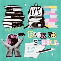 Back to school paper elements set. 90sstyle mixed media collage with halftone hands holding apple, stack of books, backpack and school supplies. Trendy childish Knowledge concept. Isolated vector