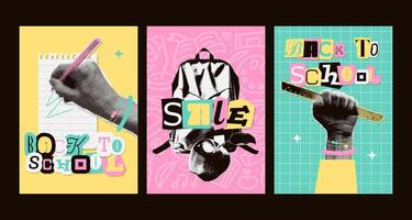 Set of 3 back school sale posts for social media with halftone collage gesture hands and childish backpack. School stationery elements and supplies with zine paper letters. templates for ad. vector
