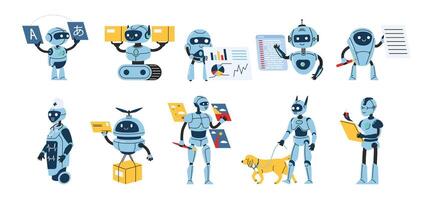Robots at work. Bots for translation, package or mail delivery, programming tasks, healthcare assistance, data analytics and research, generative art and pet companion illustration set. vector