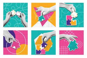 Halftone puzzle collage. Mixed media hands holding puzzle pieces, problem solving solution and teamwork concept illustration set. vector