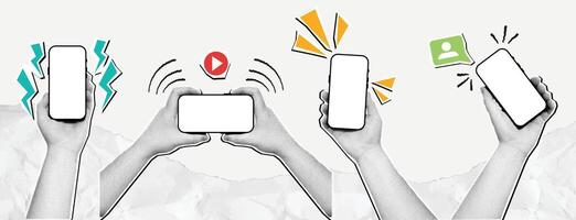 Halftone hand with smartphone mockup. Mixed media mobile phone screen, paper hands with devices set. vector