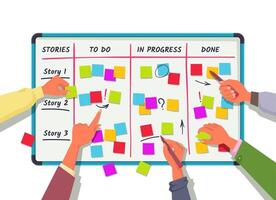Scrum board with team hands. Task management workflow, agile methodology and teamwork cartoon illustration vector