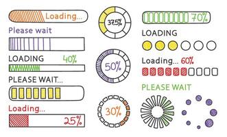 Hand drawn loading bar. Doodle progress indicators, circular download bar and sketch loading ui set. vector