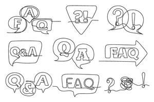One line FAQ and QA. Hand drawn question and answer, frequently asked questions isolated symbols set. vector