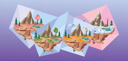 Low poly four seasons landscape. Abstract floating islands represent spring, summer, autumn and winter environments illustration vector