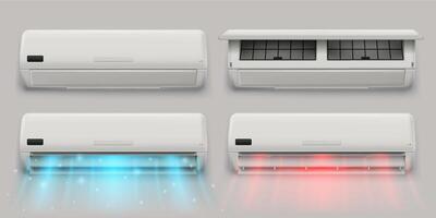 Split system air conditioner. Air conditioning device with open lid, standby and active mod with cooling and heating airflow 3D illustration set vector
