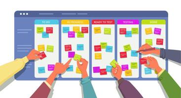 Kanban board with team hands. Agile software development process, project management system cartoon illustration vector