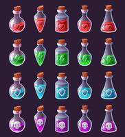 Cartoon potion bottles. Magical elixir vials with life heart, power lightning, defense shield and skull icons isolated illustration set vector