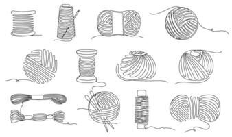 Continuous one line sewing threads. Thread spools, skeins and balls of knitting yarn for crafting, textile tailor shop and handicraft hobbies design. illustration set vector