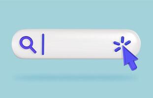 Web search. Magnifying glass icon and clicking cursor pointer on search bar, 3D user interface illustration vector