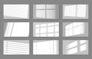 Realistic wall with gobo shadow. Window frame and blinds shadows cast on white studio background, lightning effect overlay set vector