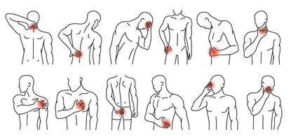 Human body pain spots. Man figures with highlighted areas of pain or discomfort, line art illustration set. vector