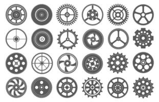 Flat gears. Mechanical cogwheels, stencil machine gear icons for technical or engineering themed diagrams projects and industrial design set. vector