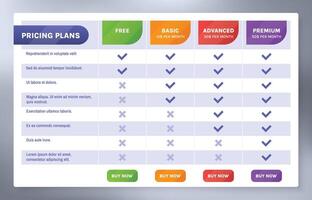 Comparison chart. Pricing tiers table, subscription services pricing options list and plans offer template. vector