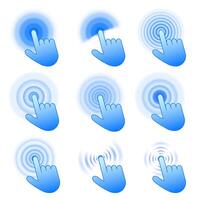 Click icons. Interactive touch gesture, hand pointer clicking, pressing and tapping with ripple effect. Digital touchscreen touch action set vector