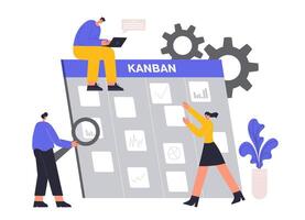 Kanban board concept. Cartoon employees assigning tasks for team members. Business management, colleagues working vector