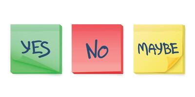 Yes, No and Maybe stickers. Sticky notes with agreement, denial and uncertainty handwriting text. Isolated set vector