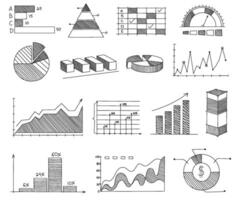 Hand drawn graphs and charts. Sketch business infographic elements, bar and pie charts, line graphs and diagrams set. vector