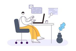 Programmer, software developer. Man sitting at desk with laptop and coding. Employee at work or freelancer vector