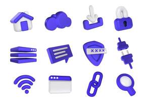 Internet 3d icons. Web browser and network security, cloud server, wireless connection and online communication illustration set vector