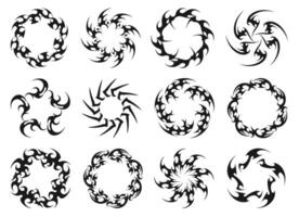 Neo tribal circle frames. Round cyber sigilism swirl, abstract circular sharp spikes and wreath tattoo set vector