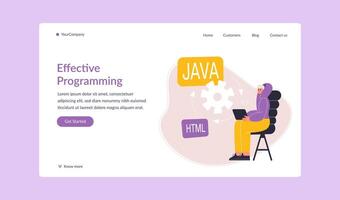 Effective programming landing page. Cartoon flat man developer working on laptop. Software programmer designing website vector