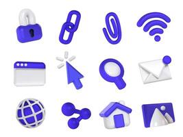 Internet 3d icons. Security padlock, web chain link, browser window, cursor click, search magnifying glass, email envelope, wireframe globe, share icon set vector