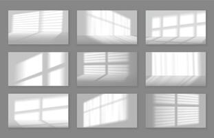 Realistic studio shadow backgrounds. Natural lighting effect shadows cast by window frames and blinds gobo on wall and floor set vector