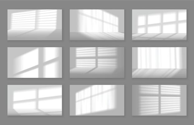 Realistic studio shadow backgrounds. Natural lighting effect shadows cast by window frames and blinds gobo on wall and floor set