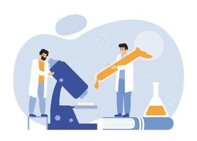 Laboratory research, medical innovation workers. Men in uniform doing experiment at lab. Male character dropping liquid vector