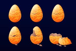 Cartoon magic egg hatching animation. Dragon eggs incubation, animated from cracks to shattered pieces of egg breaking open illustration set vector