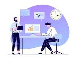 Professional business communication and working management. Man working at desktop computer, preparing financial report vector