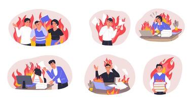 Professional burnout. Manager shouting at employees, female and male characters sitting at desk with stacks of documents vector