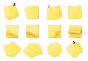Yellow sticky note stack. Stacked adhesive notes pads with curled corner, paper clips and push pins. Empty notes, reminders or office messages backgrounds set vector
