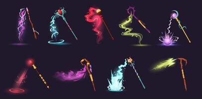 Magic sticks with effects. Wizard wand casting spell, magical power energy attack isolated cartoon illustration set vector